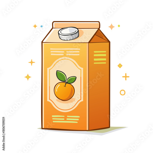 Orange juice carton illustration, juice box packaging design, cartoon healthy food