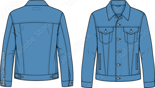Men’s denim jacket technical flat sketch showing front and back views with pockets and stitching details, fashion apparel illustration and garment template