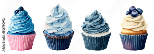 Watercolor set of blueberry cupcakes. Cupcakes decorated with cream topping with blueberries. Blueberry sweets with cream and sponge cake. Vector illustration.