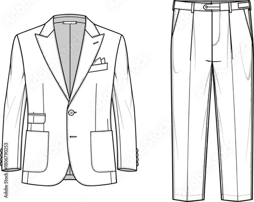 Men’s blazer and pants technical flat sketch showing detailed formal outfit design, fashion apparel illustration for garment template, tailoring drawing and clothing design