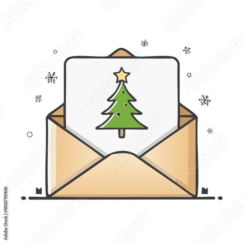 Holiday greetings concept with Christmas tree card placed inside an envelope and festive snowflake icons