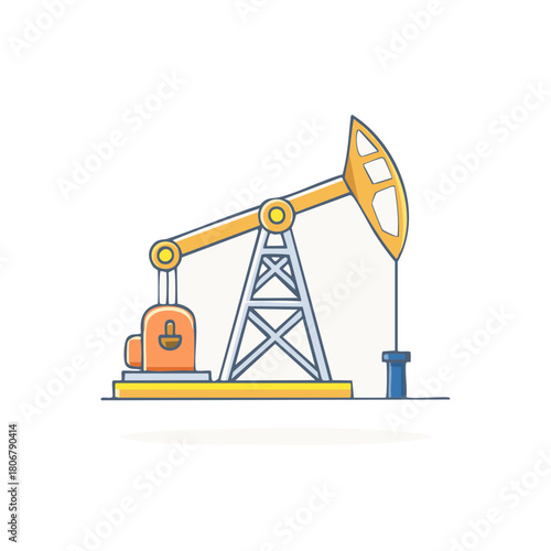 Stylized oil pumpjack illustration in yellow and orange with blue accents on a white background