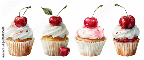 Collection of watercolor cakes with whipped cream and cherries. Cupcakes decorated with cream topping and decorated with cherries. Romantic desserts.