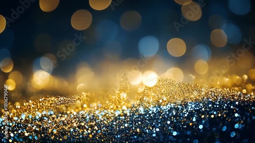 Luxurious abstract bokeh background with golden and blue sparkling lights, soft glow, shimmering particles, ideal for festive branding, events, and modern tech marketing
