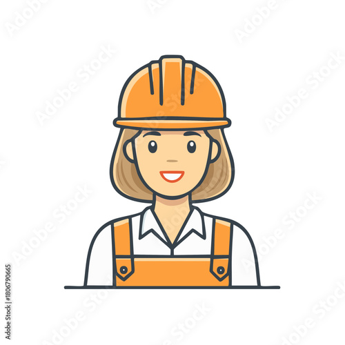 Female construction worker wearing hard hat and orange overalls smiling, industry professional icon