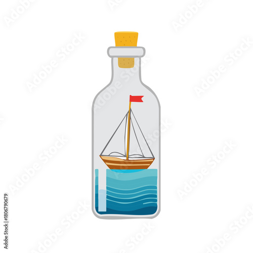 Illustrated sailboat in a bottle concept, depicting travel, adventure, and nautical themes.