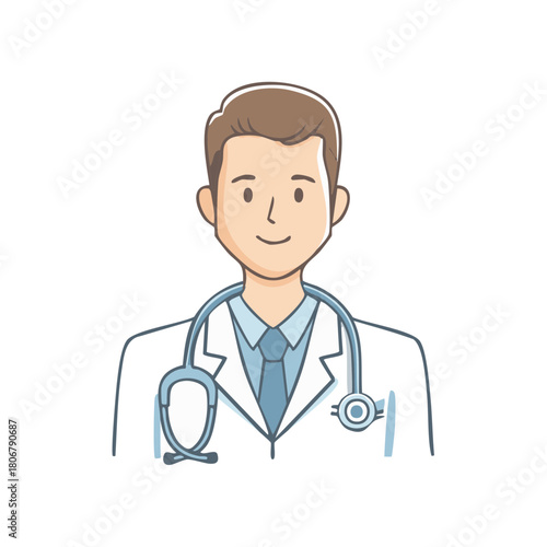 Friendly Male Doctor Cartoon with Stethoscope Wearing Lab Coat and Tie Illustration