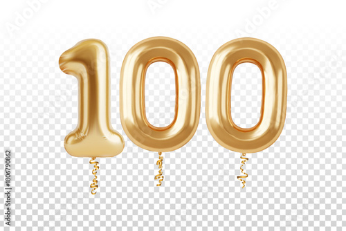 Vector realistic isolated golden balloon number 100 on the transparent background.