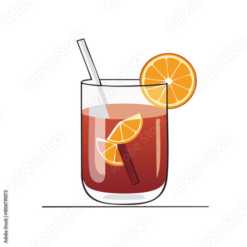 Illustrative stylized sangria beverage in glass with straw, orange slice garnish and cinnamon stick, vector