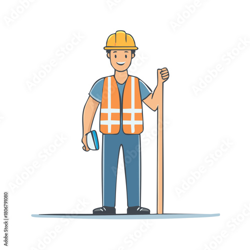 Construction Worker Holding Measuring Tool and Pole Wearing Hard Hat and Vest