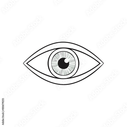 Minimalist black and white line art drawing of a human eye with iris detail