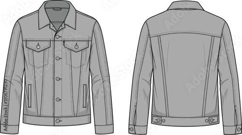 Men’s denim jacket technical flat sketch showing front and back views with seams, pockets, stitching details, fashion apparel illustration and garment template