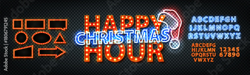 Vector marquee neon sign of Happy Hour on Christmas text with alphabet font and marquee frames isolated on the transparent background. Easy to use and change color. Concept of Happy New Year.