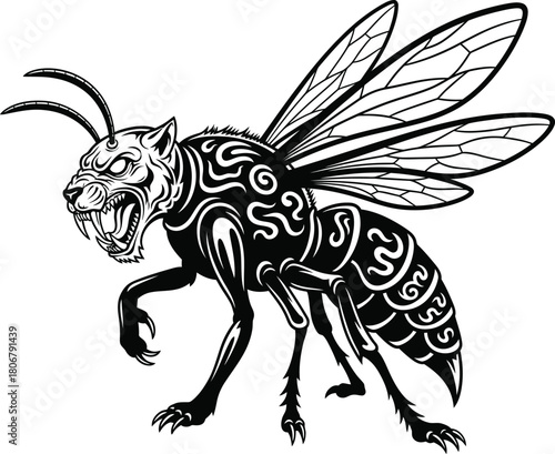 Fierce wasp tiger hybrid tattoo design insect predator vector drawing eps silhouette