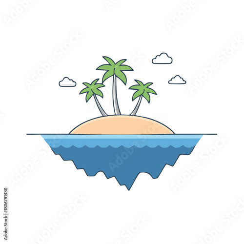 Cartoon floating tropical island with palm trees and clouds in simple flat design. Paradise island with clean lines and ocean waves.