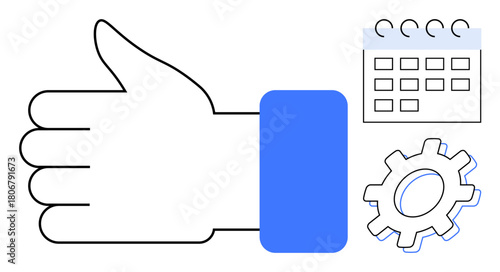 Thumbs-up icon alongside a calendar and gear representing approval, strategic planning, and process optimization. Ideal for teamwork, organization, schedule management, productivity, business