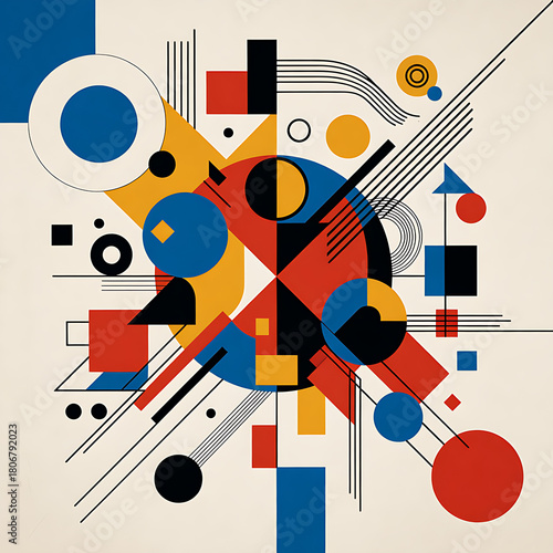 A geometric abstraction with a dynamic interweaving of shapes: circles, squares, triangles, and lines in vibrant primary colors—red, blue, and yellow—against a white and black background. The composit