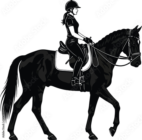 Horseback riding equestrian sport woman riding horse black and white art eps silhouette