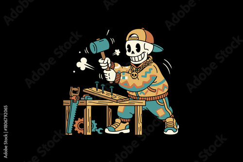 Skeleton Carpenter Working with Hammer and Wood.
