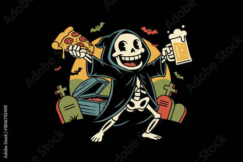 Happy Skeleton Character Enjoying Pizza and Beer.