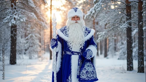Russian Father Frost, Ded Moroz, in a snowy winter forest at sunrise. A magical character in a traditional blue costume holding a staff. Christmas and New Year folklore concept
