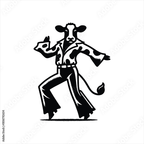 Groovy cow dancing in retro disco outfit with bell bottoms, perfect for fun branding or a whimsical vibe