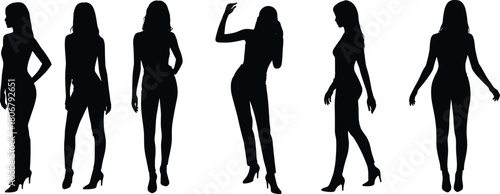 Woman silhouette vector set, young fashion model standing and posing in casual pants and high heels, female collection.