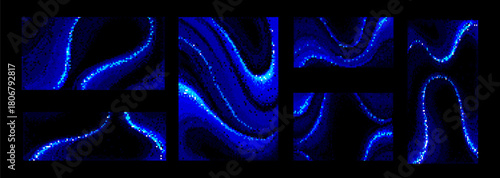 Neon pixel gradient backgrounds with glowing bitmap curves and flowing patterns in electric blue shades. Digital game assets or retro style interface textures for arcade and cyberpunk projects.