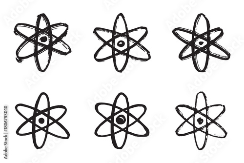 Set of hand drawn atom sign Molecule clipart in doodle style Symbol of science, education, nuclear energy, scientific research, molecular chemistry Single element for print, web, design