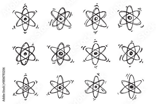 Set of hand drawn atom sign Molecule clipart in doodle style Symbol of science, education, nuclear energy, scientific research, molecular chemistry Single element for print, web, design