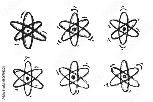 Set of hand drawn atom sign Molecule clipart in doodle style Symbol of science, education, nuclear energy, scientific research, molecular chemistry Single element for print, web, design