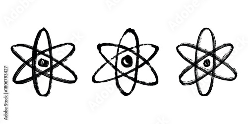 Set of hand drawn atom sign Molecule clipart in doodle style Symbol of science, education, nuclear energy, scientific research, molecular chemistry Single element for print, web, design