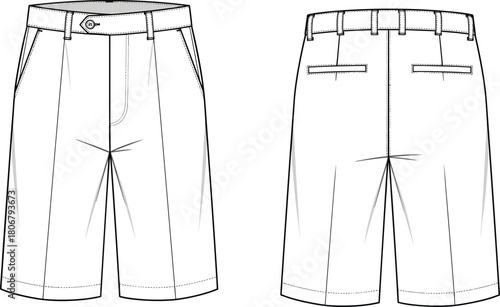 Men’s tailored shorts technical flat sketch showing front and back views, detailed apparel illustration for fashion design, garment template and clothing drawing