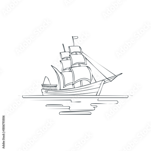 Line art sailing ship on water with sails filled