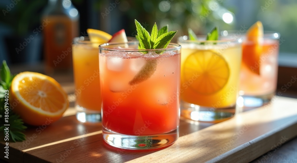Fototapeta premium Assorted mocktails with oranges and mint leaves