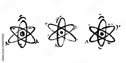 Set of hand drawn atom sign Molecule clipart in doodle style Symbol of science, education, nuclear energy, scientific research, molecular chemistry Single element for print, web, design