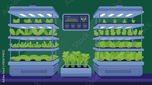 plants growing on shelves in a vertical farm with led lights, vector illustration for vertical farming innovation, urban agriculture and sustainable food production
