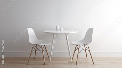 Minimalist white chairs and table in a bright room, perfect for cafe or home decor