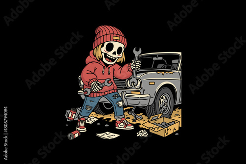 Skeleton mechanic working on a vintage car with tools.