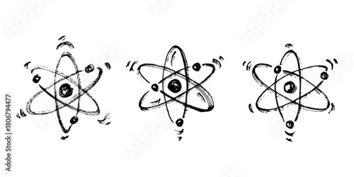 Set of hand drawn atom sign Molecule clipart in doodle style Symbol of science, education, nuclear energy, scientific research, molecular chemistry Single element for print, web, design