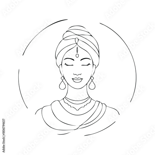 Woman with traditional headwear and jewelry, minimalist illustration.