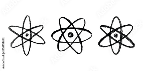 Set of hand drawn atom sign Molecule clipart in doodle style Symbol of science, education, nuclear energy, scientific research, molecular chemistry Single element for print, web, design