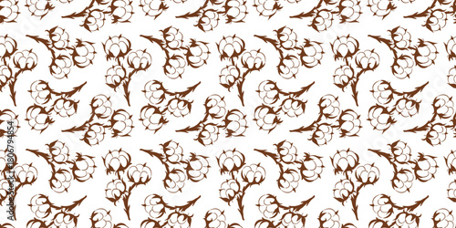 Seamless pattern with cotton plant in line art style. Design for textile and bed linen.