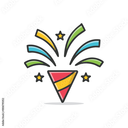 Festive popper with stars and ribbon bursts, celebration graphic, fun party elements