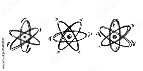 Set of hand drawn atom sign Molecule clipart in doodle style Symbol of science, education, nuclear energy, scientific research, molecular chemistry Single element for print, web, design