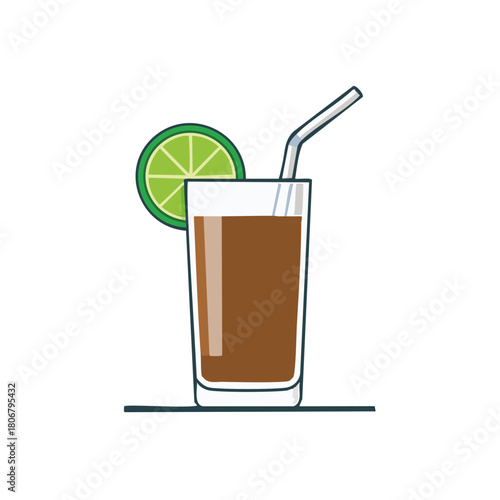 Refreshing iced coffee drink with lime slice and straw in a tall glass illustration