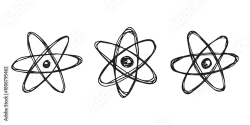 Set of hand drawn atom sign Molecule clipart in doodle style Symbol of science, education, nuclear energy, scientific research, molecular chemistry Single element for print, web, design