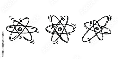 Set of hand drawn atom sign Molecule clipart in doodle style Symbol of science, education, nuclear energy, scientific research, molecular chemistry Single element for print, web, design