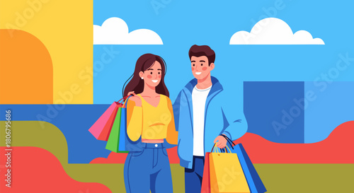 Couple Shopping Together with Bags Against a Colorful Backdrop Illustration