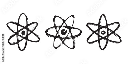 Set of hand drawn atom sign Molecule clipart in doodle style Symbol of science, education, nuclear energy, scientific research, molecular chemistry Single element for print, web, design